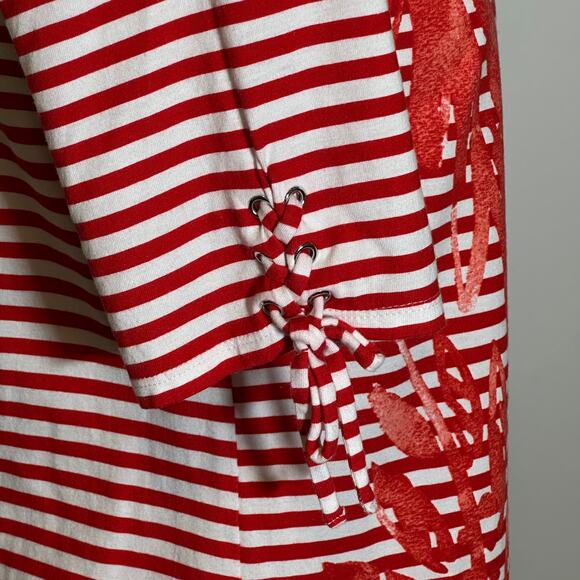 Chicos Red White Striped Leaf Print Cotton Tie Sleeve Blouse Womens Size Small S - Picture 3 of 10